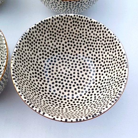 3- Thyme and Table Dotted & Gold Trim Stoneware Bowls - Picture 2 of 4